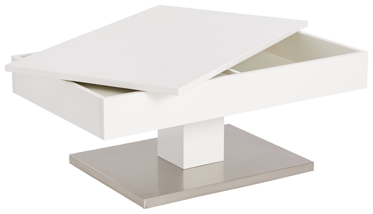Moderner weißer Couchtisch mit schwenkbarer Tischplatte und Stauraum, seitliche Perspektive