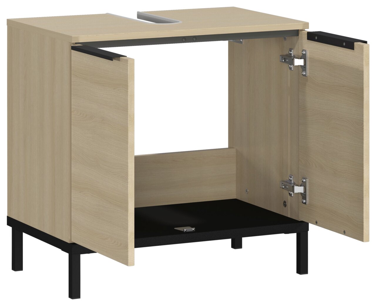 Waschbeckenunterschrank aus Holz mit zwei offenen Türen, seitliche Perspektive