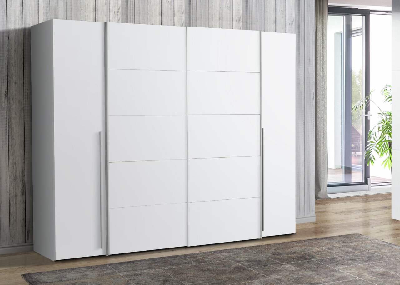 Z2 Dreh-/Schwebetürenschrank NARAGO Moderner weißer Dreh- und Schwebetürenschrank in einem hellen Raum, seitliche Perspektive