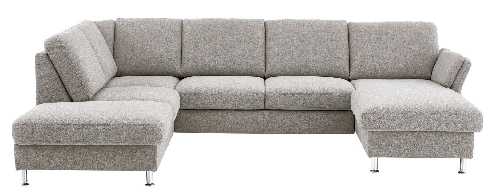 Graue Polsterrundecke mit L-Form, moderne Metallfüße, Frontalansicht