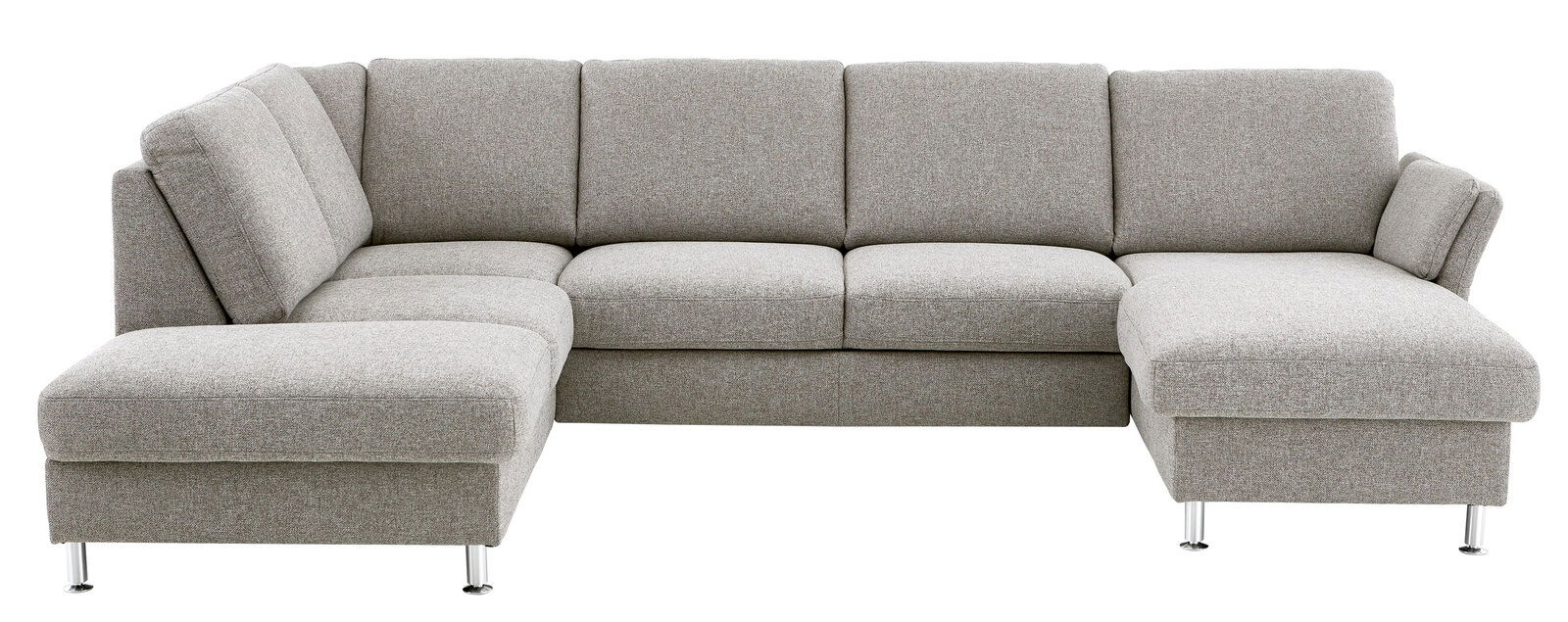 Graue Polsterrundecke mit L-Form, moderne Metallfüße, Frontalansicht