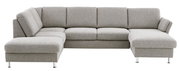 Graue Polsterrundecke mit L-Form, moderne Metallfüße, Frontalansicht