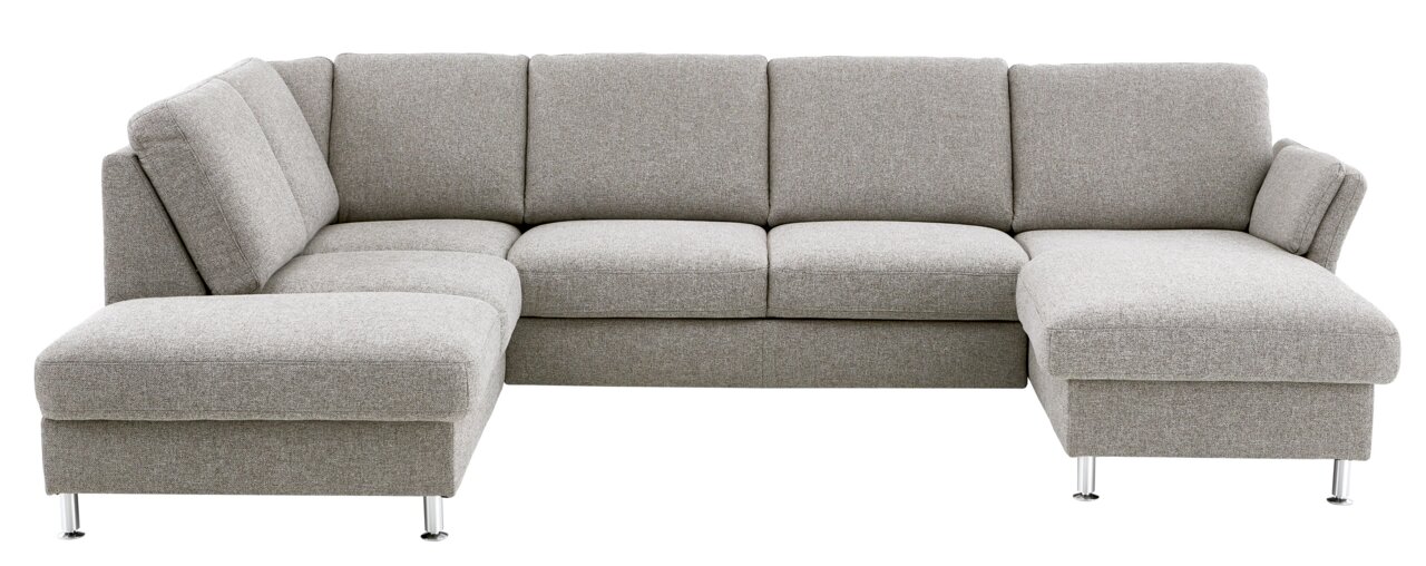 Graue Polsterrundecke mit L-Form, moderne Metallfüße, Frontalansicht