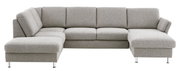 Graue Polsterrundecke mit L-Form, moderne Metallfüße, Frontalansicht