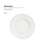 Weißer runder Porzellan-Teller (2 Stück), Durchmesser 22 cm, freigestellt auf weißem Hintergrund, Draufsicht von oben.