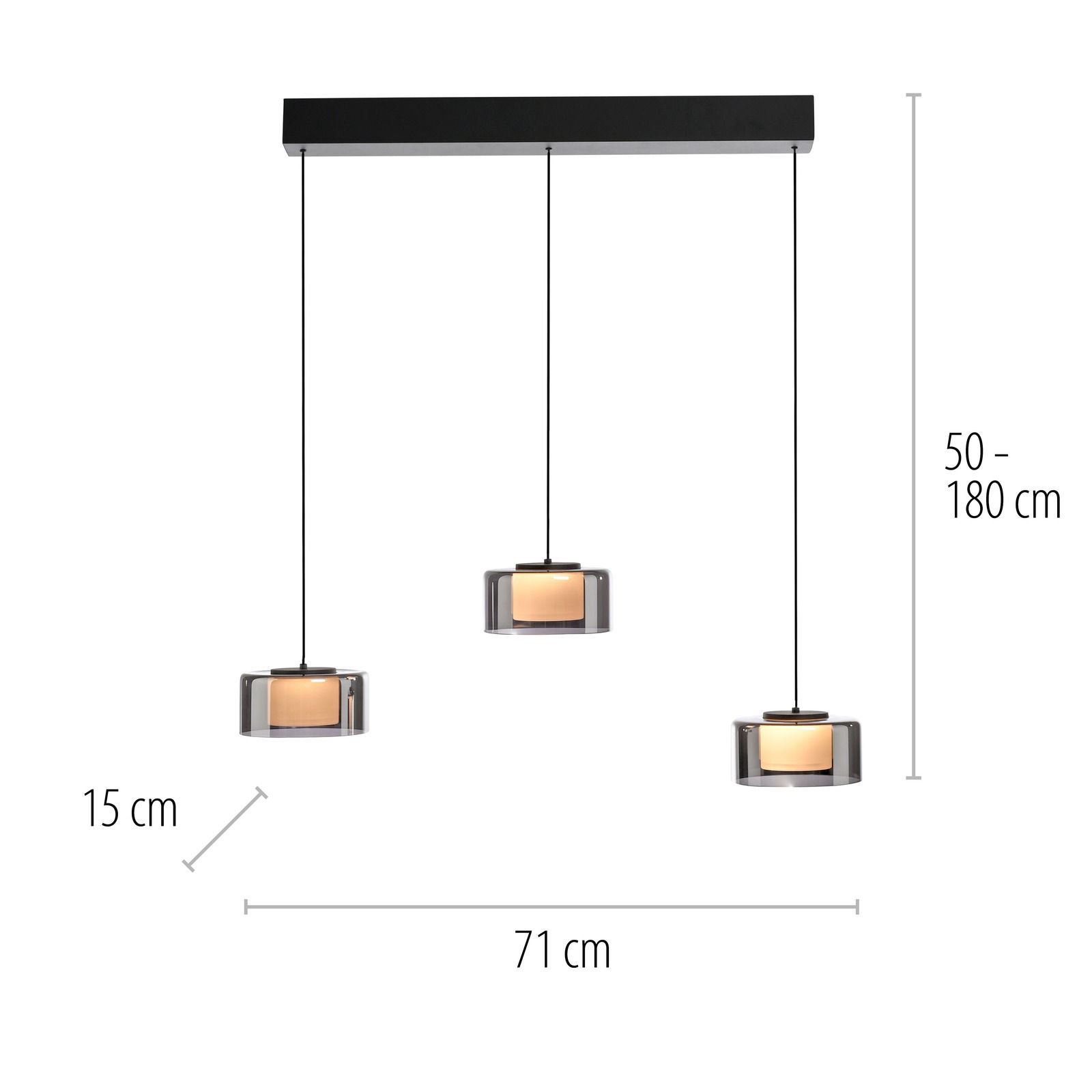 Moderne Pendelleuchte RIKA mit drei zylindrischen Lampenschirmen, hängend an einem schwarzen Balken, seitliche Perspektive.