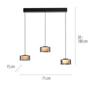 Moderne Pendelleuchte RIKA mit drei zylindrischen Lampenschirmen, hängend an einem schwarzen Balken, seitliche Perspektive.