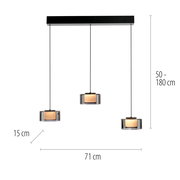 Moderne Pendelleuchte RIKA mit drei zylindrischen Lampenschirmen, hängend an einem schwarzen Balken, seitliche Perspektive.
