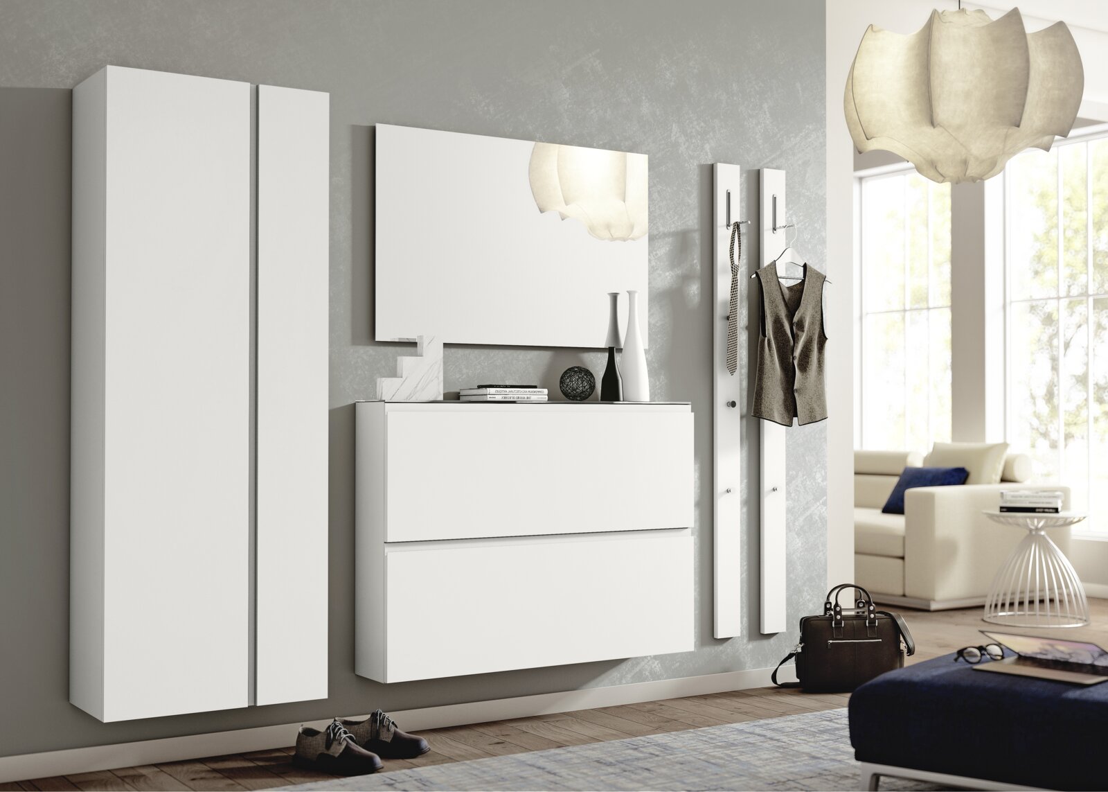 Moderano Hangende garderobekast LECCO Moderner Hänge-Garderobenschrank mit zwei Türen in einem stilvollen Wohnzimmer, seitliche Perspektive.