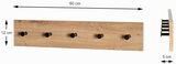 Garderobenleiste aus Holz mit fünf schwarzen Haken, Vorder- und Seitenansicht, Maße 60 cm x 12 cm x 5 cm
