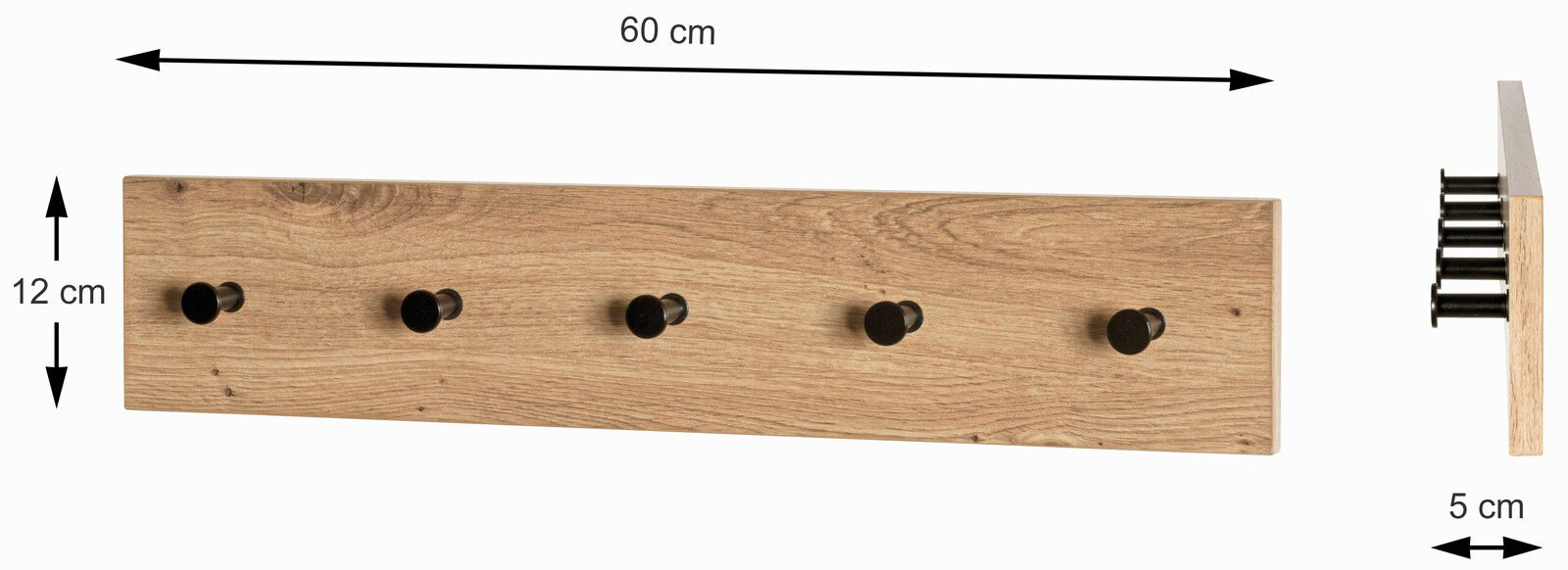 Garderobenleiste aus Holz mit fünf schwarzen Haken, Vorder- und Seitenansicht, Maße 60 cm x 12 cm x 5 cm
