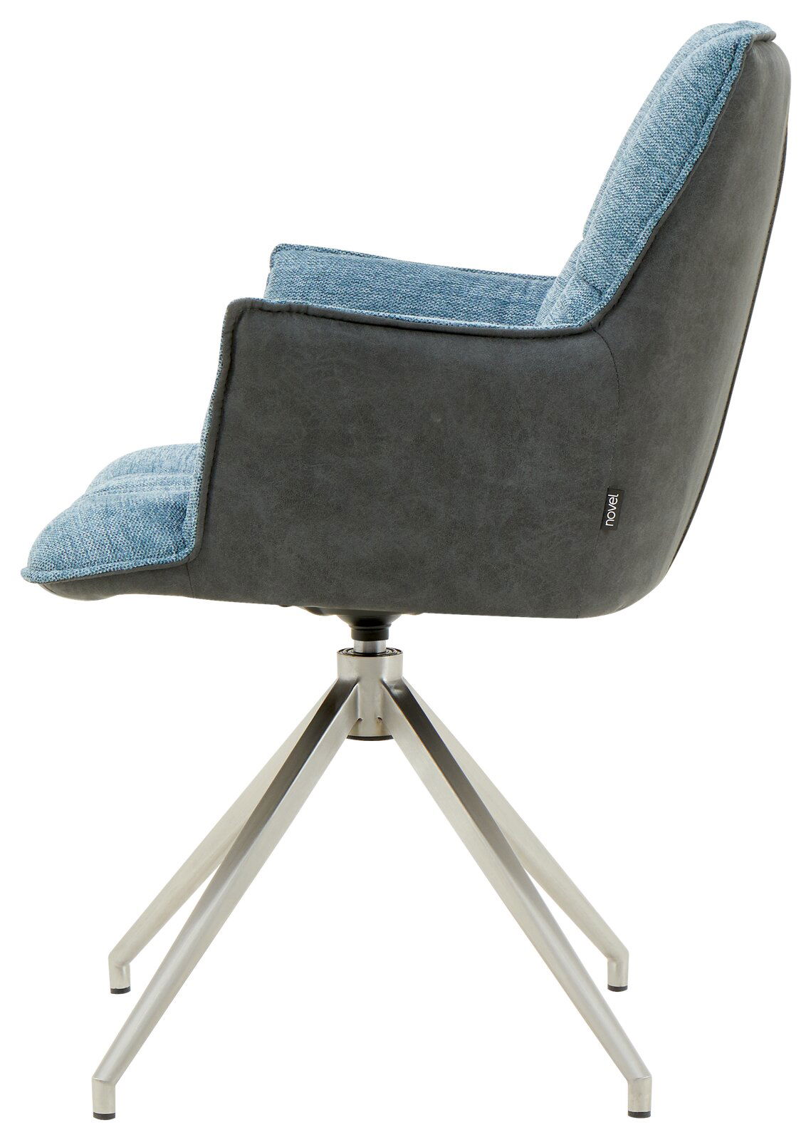 Moderner Sessel Novel OSAKA 2.0 in Seitenansicht mit blauem Stoffbezug und grauer Rückseite auf einem Metallgestell.