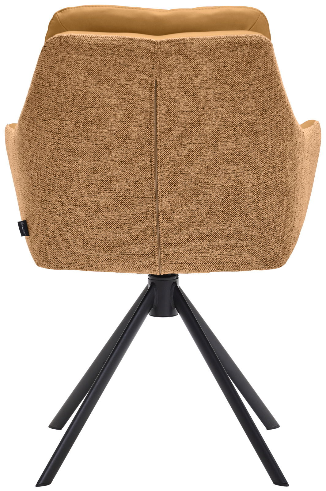 Rückansicht eines Armlehnstuhls mit braunem Stoffbezug und schwarzem Metallgestell.