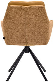 Rückansicht eines Armlehnstuhls mit braunem Stoffbezug und schwarzem Metallgestell.