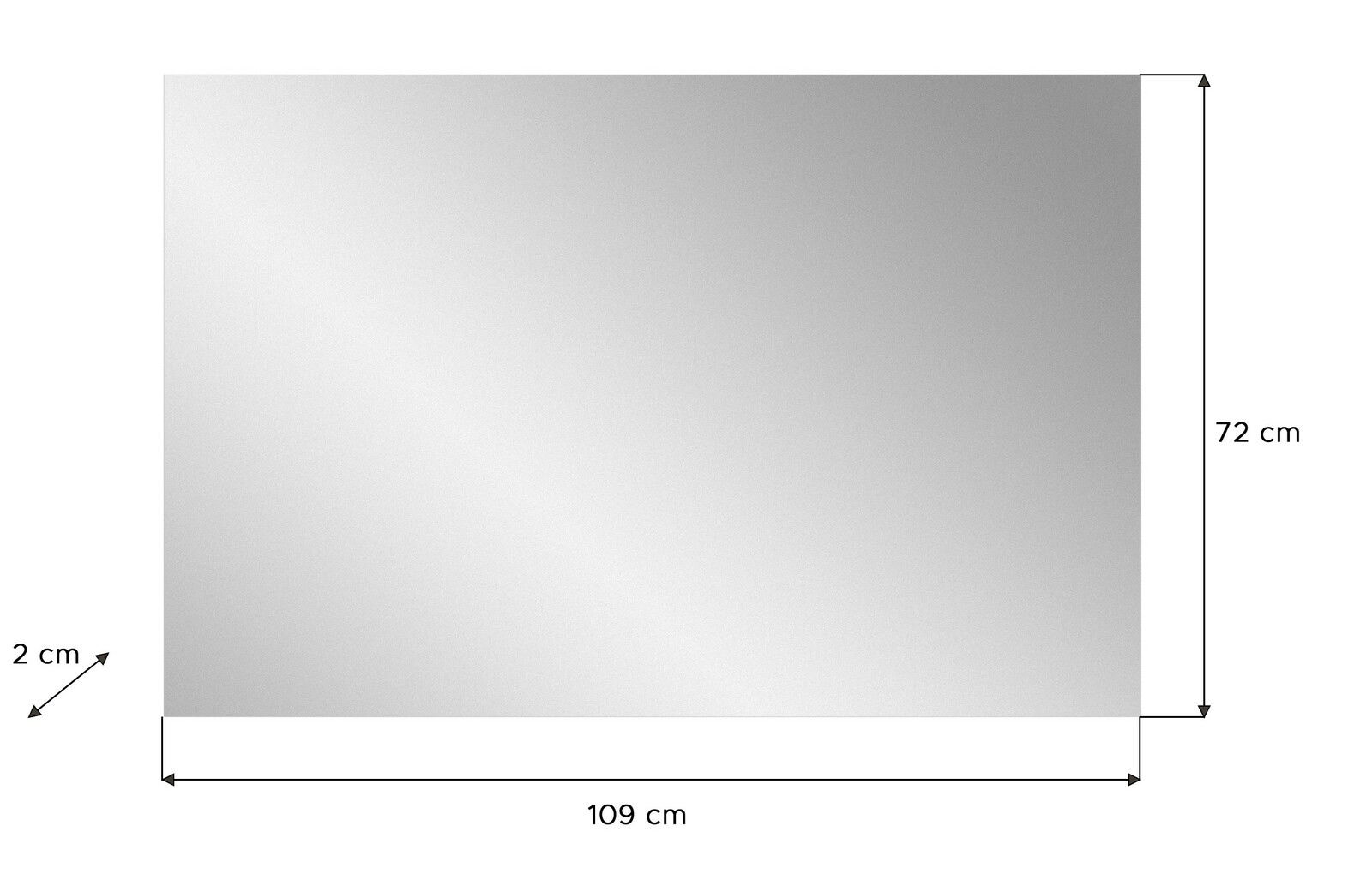 Rechteckiger Spiegel mit den Maßen 109 cm x 72 cm x 2 cm, frontal abgebildet.