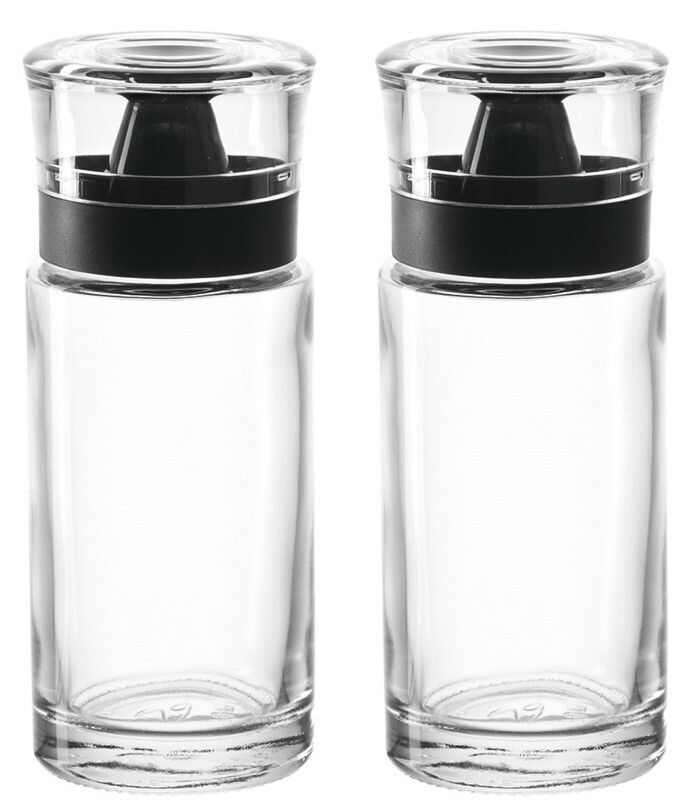Leonardo Essig-/Öl-Flasche 2-tlg. CUCINA Zwei transparente Essig- und Ölflaschen Cucina mit schwarzem Verschluss, Vorderansicht