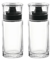 Zwei transparente Essig- und Ölflaschen Cucina mit schwarzem Verschluss, Vorderansicht