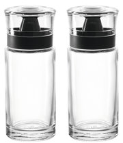 Zwei transparente Essig- und Ölflaschen Cucina mit schwarzem Verschluss, Vorderansicht
