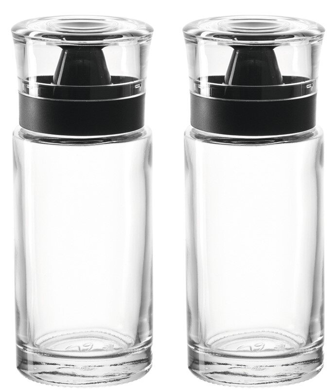 Zwei transparente Essig- und Ölflaschen Cucina mit schwarzem Verschluss, Vorderansicht