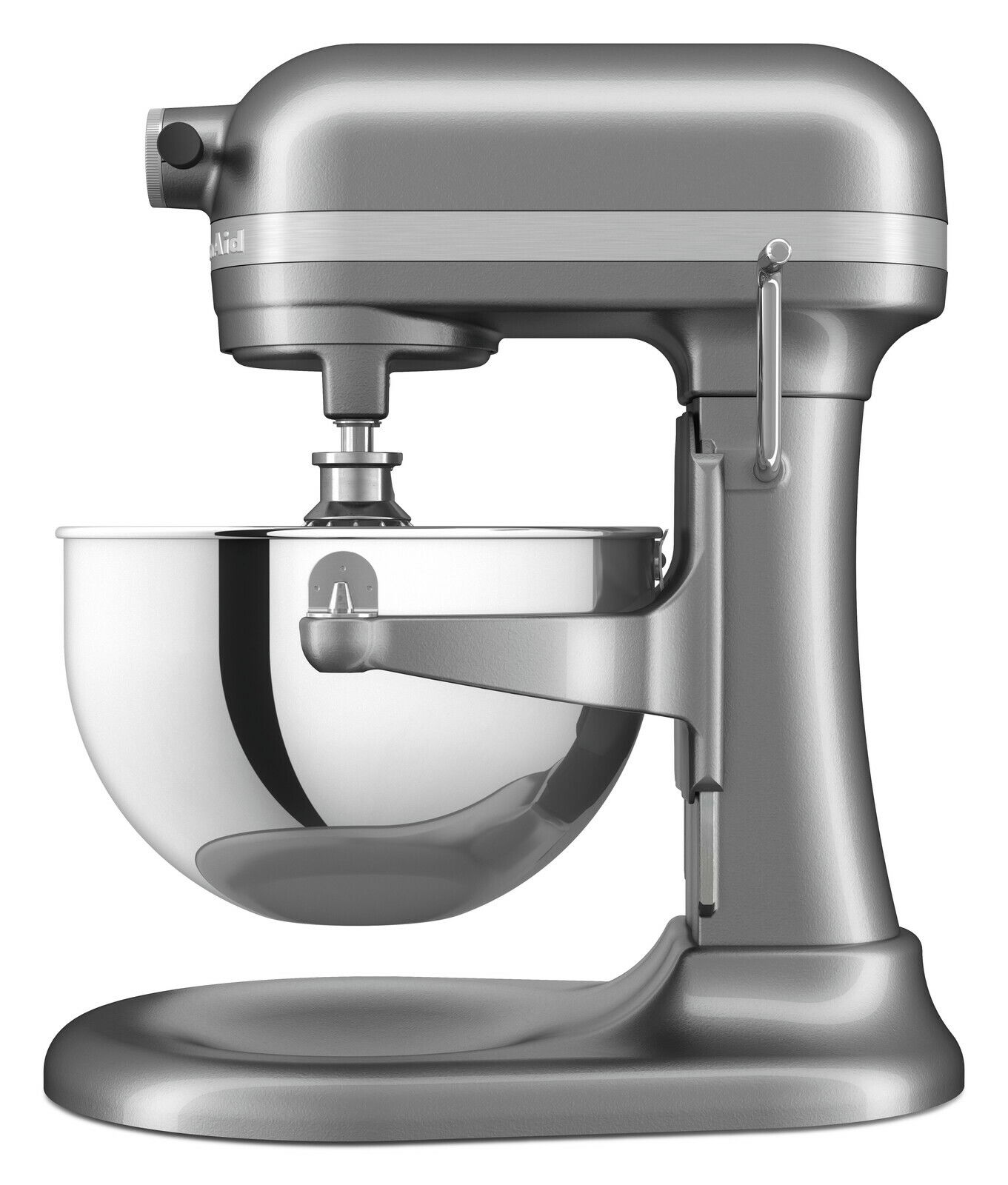 Seitliche Ansicht einer silbernen Küchenmaschine Heavy Duty 5,2L mit Edelstahl-Rührschüssel.
