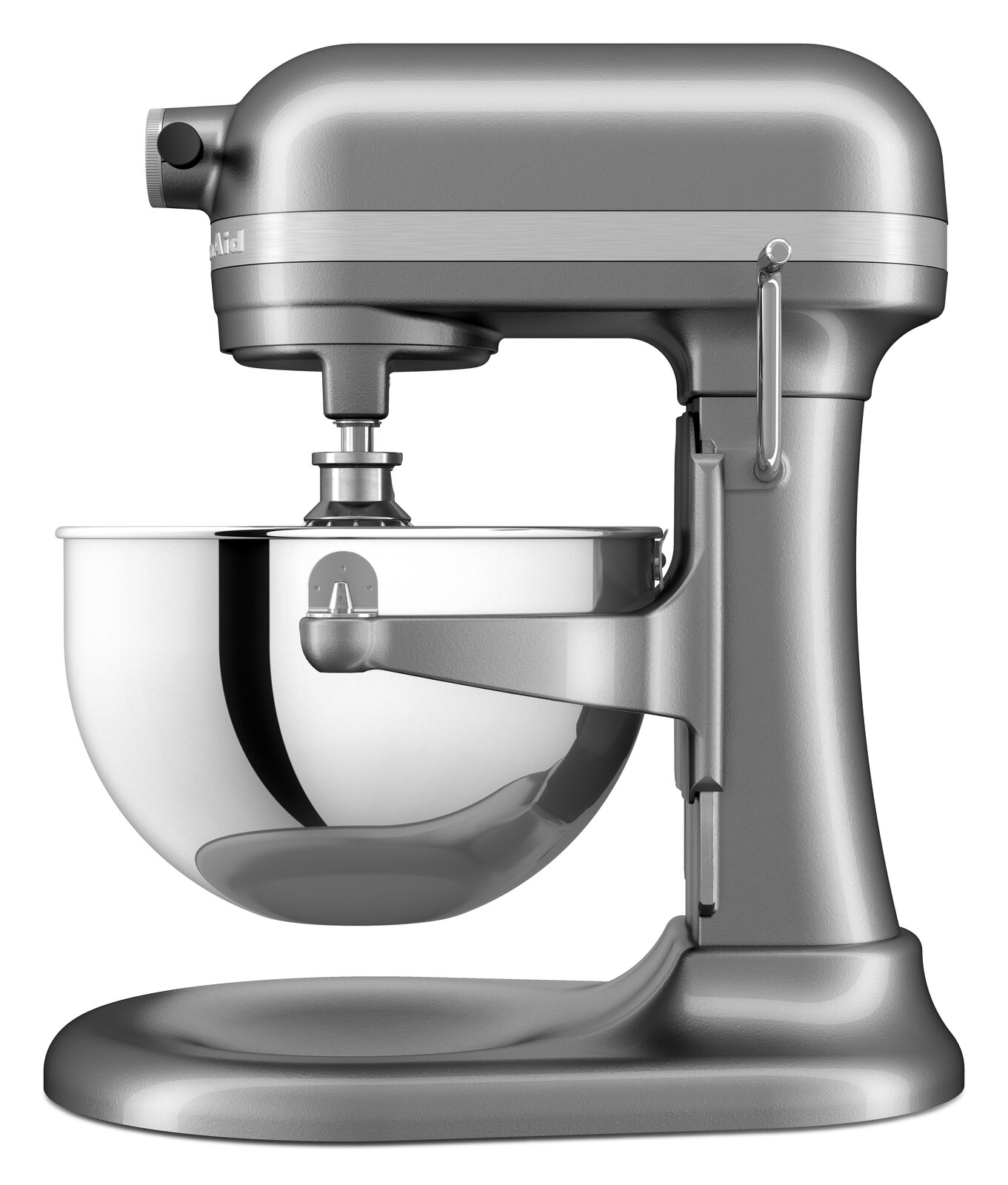 Seitliche Ansicht einer silbernen Küchenmaschine Heavy Duty 5,2L mit Edelstahl-Rührschüssel.