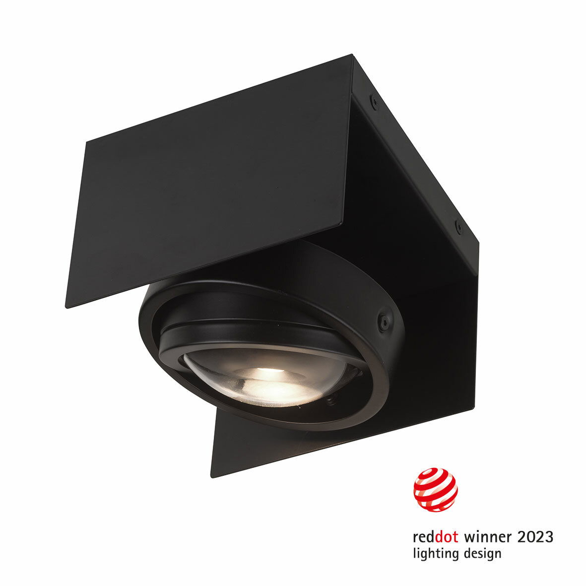 Schwarze LED-Deckenleuchte CARDANO aus seitlicher Perspektive, Gewinner des Red Dot Design Awards 2023.