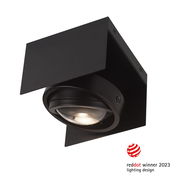 Schwarze LED-Deckenleuchte CARDANO aus seitlicher Perspektive, Gewinner des Red Dot Design Awards 2023.