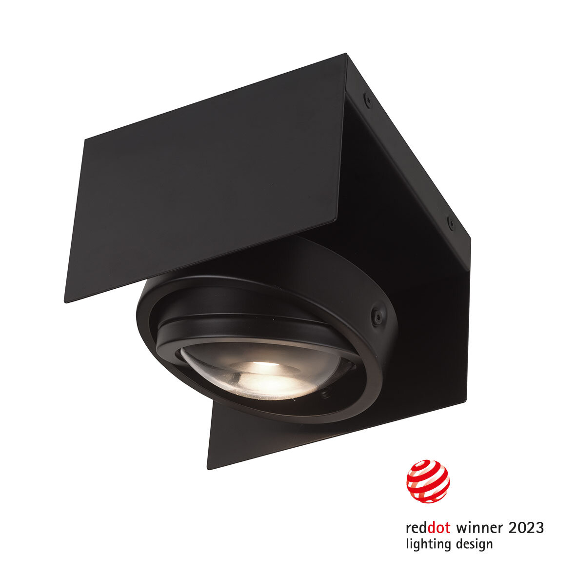 Schwarze LED-Deckenleuchte CARDANO aus seitlicher Perspektive, Gewinner des Red Dot Design Awards 2023.