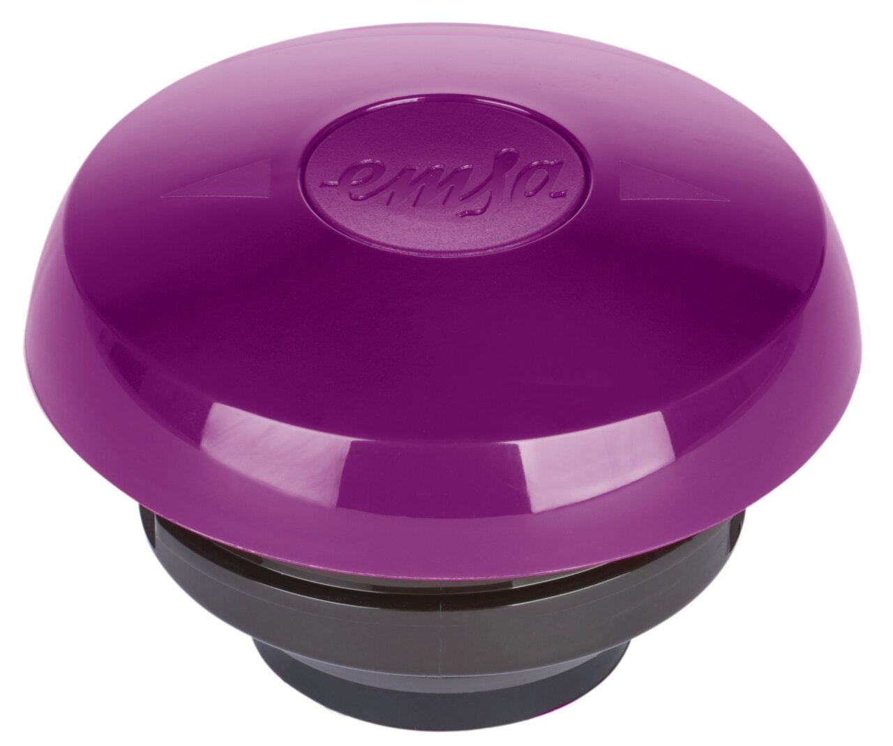 Lila Deckel einer Isolierkanne, von oben betrachtet, mit glänzender Oberfläche und eingeprägtem Logo.