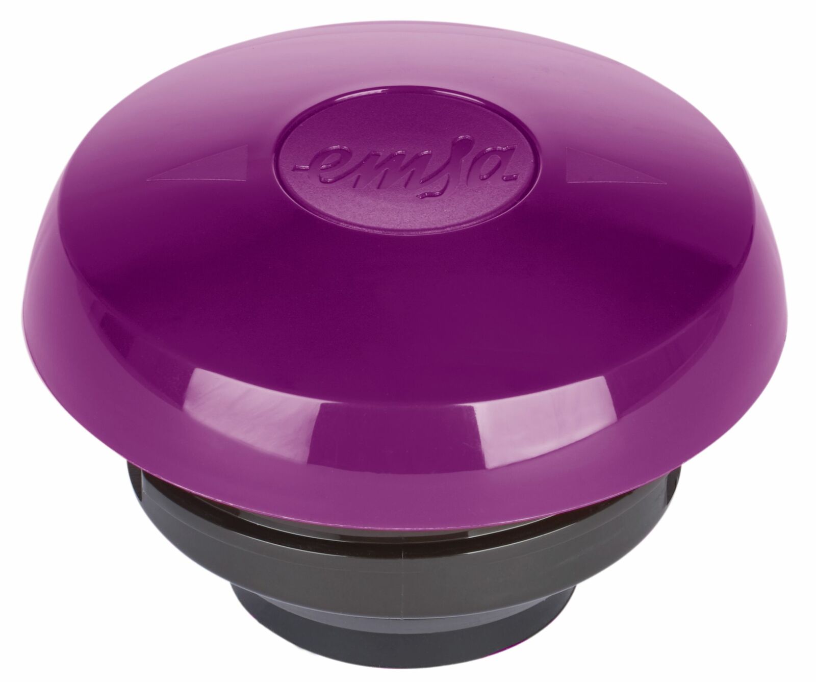 Lila Deckel einer Isolierkanne, von oben betrachtet, mit glänzender Oberfläche und eingeprägtem Logo.