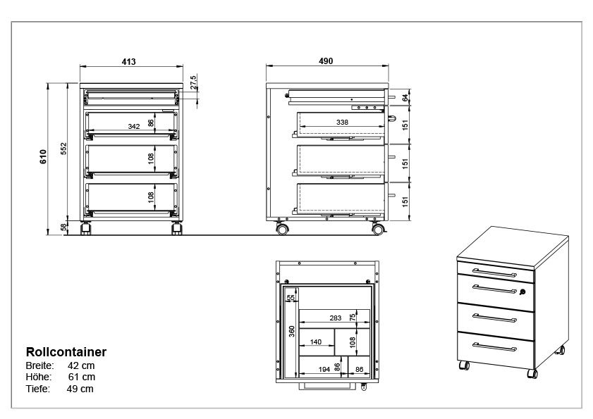 Rollcontainer mit drei Schubladen, auf Rollen, in der Perspektive von vorne und seitlich gezeigt. Maße: Breite 42 cm, Höhe 61 cm, Tiefe 49 cm.