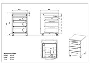 Rollcontainer mit drei Schubladen, auf Rollen, in der Perspektive von vorne und seitlich gezeigt. Maße: Breite 42 cm, Höhe 61 cm, Tiefe 49 cm.
