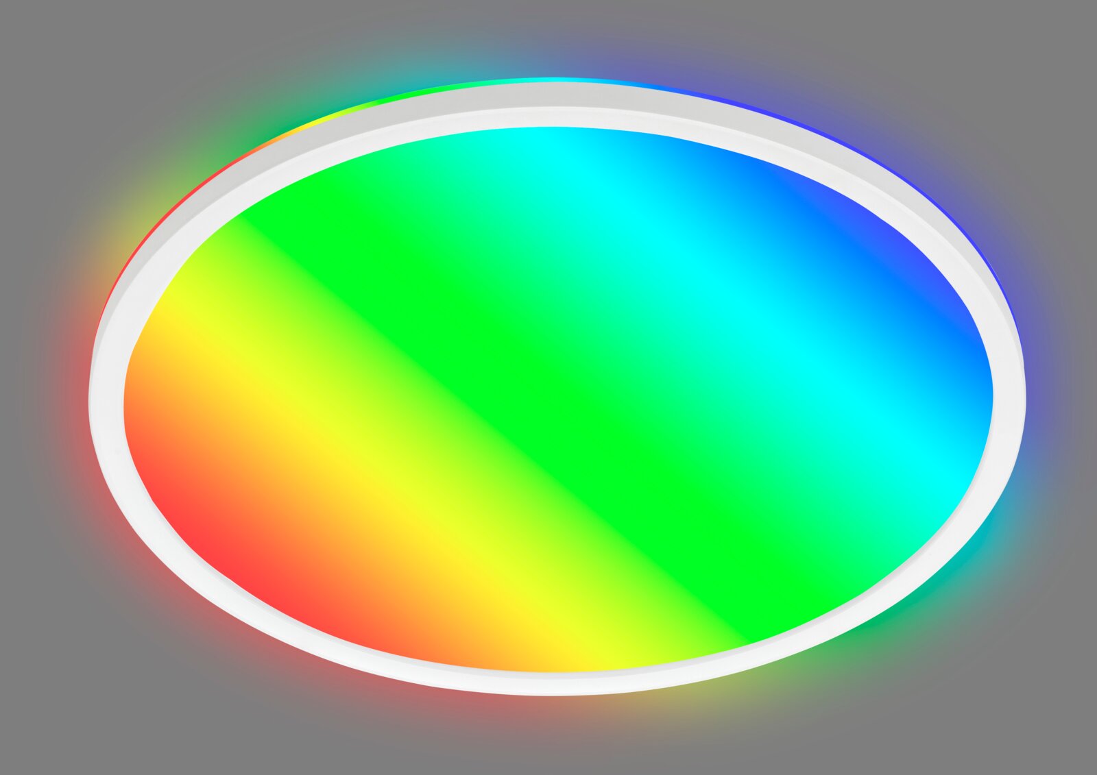 Ronde led-plafondlamp met regenboogeffect, gezien van schuin bovenaf