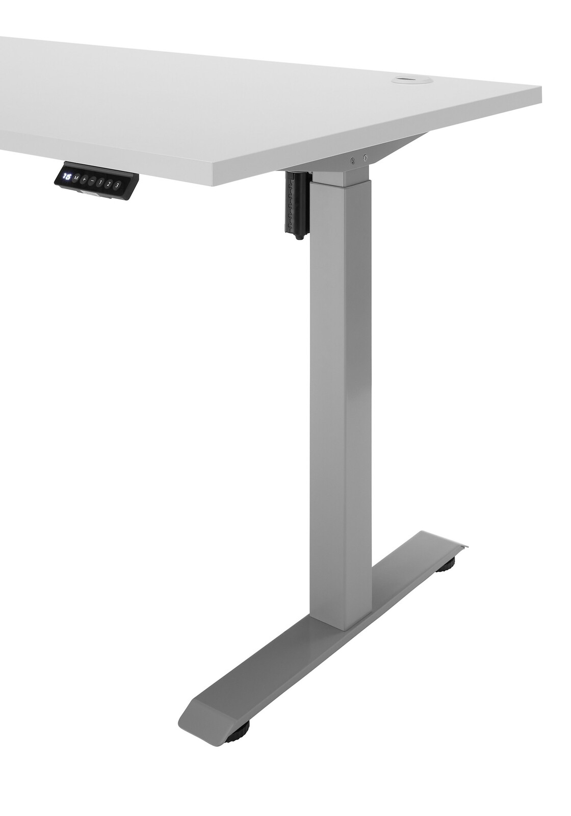 Moderner höhenverstellbarer E-Schreibtisch mit grauem Metallgestell und weißer Tischplatte, seitliche Perspektive