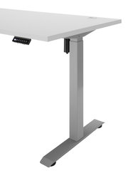 Moderner höhenverstellbarer E-Schreibtisch mit grauem Metallgestell und weißer Tischplatte, seitliche Perspektive