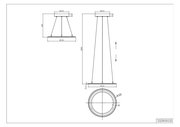 Technische Zeichnung einer Pendelleuchte mit seitlicher und unterer Perspektive, zeigt Maße und Design.