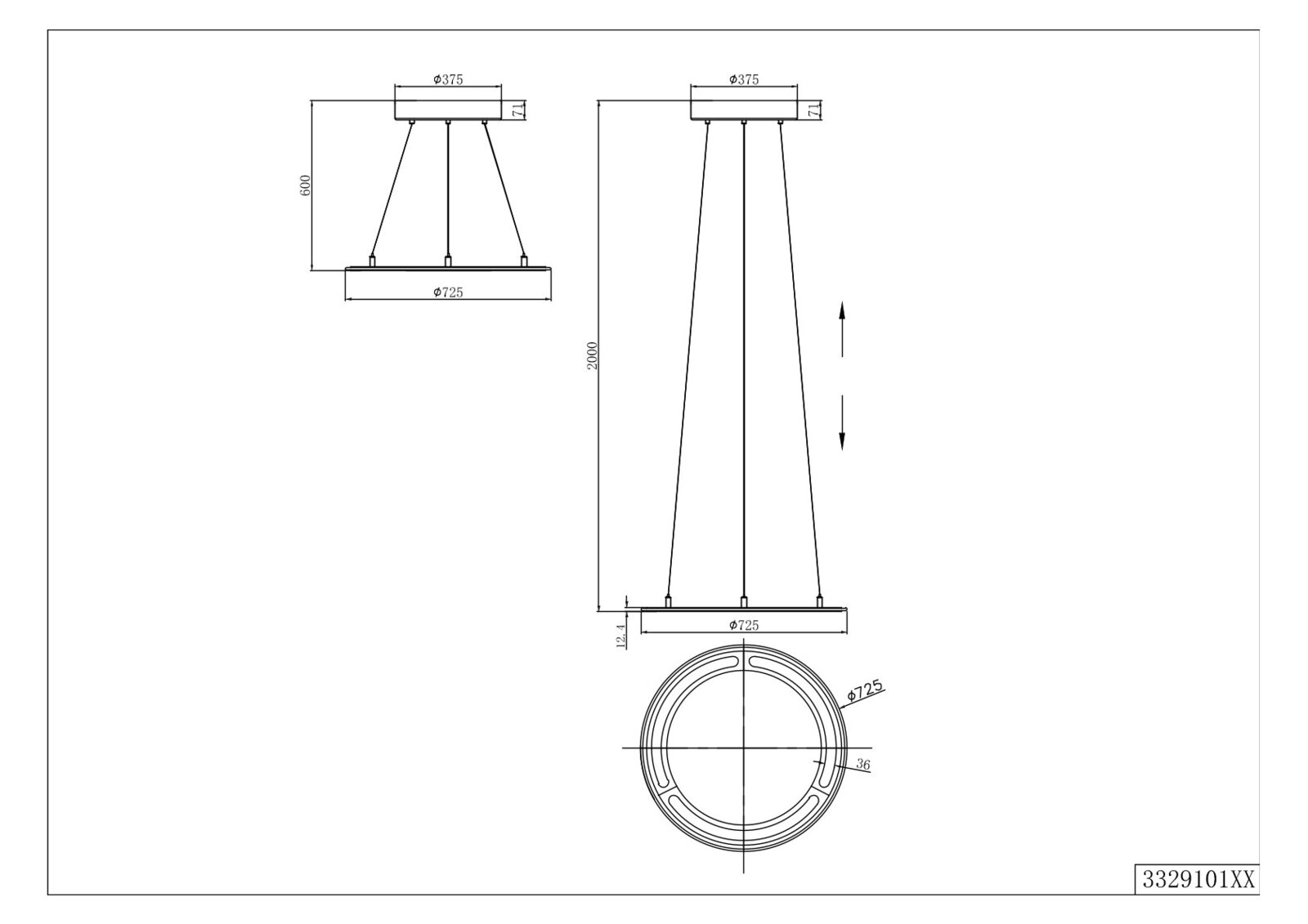 Technische Zeichnung einer Pendelleuchte mit seitlicher und unterer Perspektive, zeigt Maße und Design.