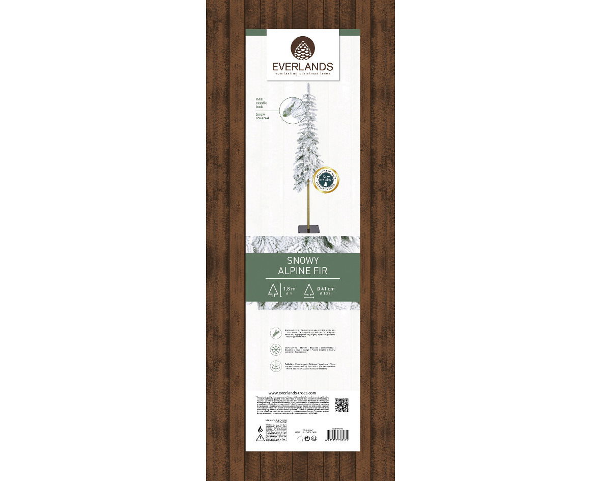 Verpackung der beschneiten Alpine Tanne von Everlands, frontal abgebildet.