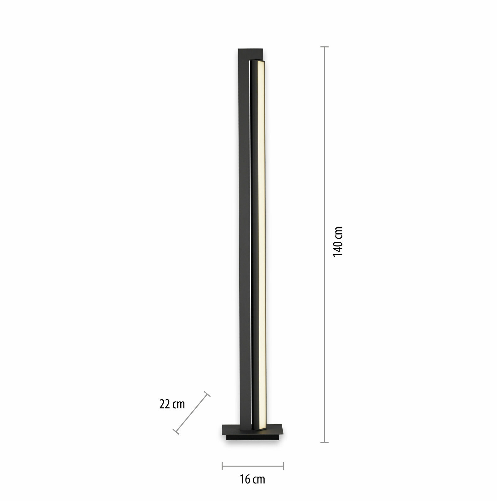 Moderne Stehleuchte PURE-LINES von Paul Neuhaus, frontal abgebildet, mit schlankem, rechteckigem Design in Schwarz und einer Höhe von 140 cm.