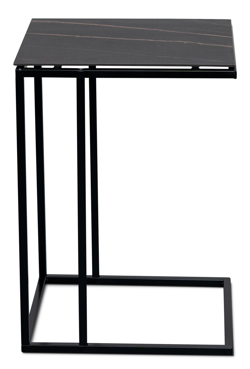 Moderner Beistelltisch mit schwarzer Tischplatte und minimalistischem Metallgestell, seitliche Perspektive