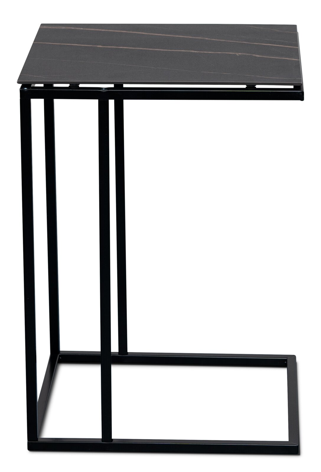 Moderner Beistelltisch mit schwarzer Tischplatte und minimalistischem Metallgestell, seitliche Perspektive