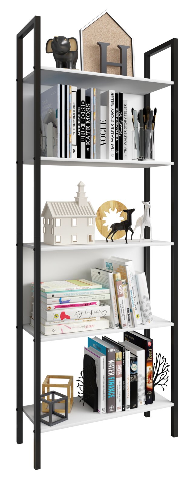 Modernes Standregal mit schwarzem Metallrahmen und weißen Ablageböden, dekoriert mit Büchern und Deko-Objekten, frontale Ansicht.