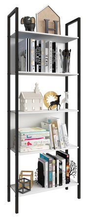 Modernes Standregal mit schwarzem Metallrahmen und weißen Ablageböden, dekoriert mit Büchern und Deko-Objekten, frontale Ansicht.