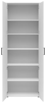 Weißer Mehrzweckschrank mit offenen Türen und fünf Regalböden, frontale Ansicht