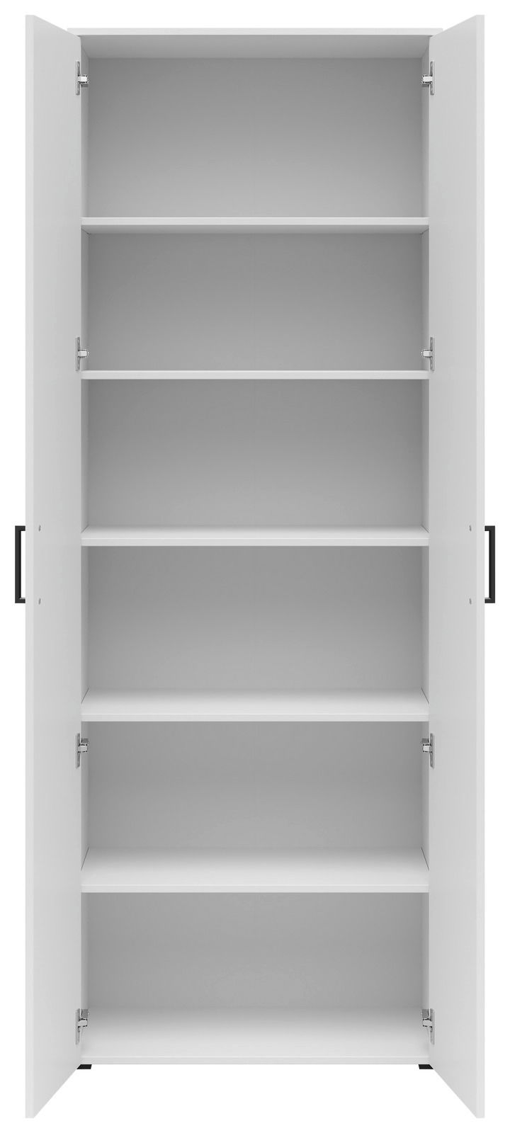 Weißer Mehrzweckschrank mit offenen Türen und fünf Regalböden, frontale Ansicht