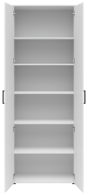 Weißer Mehrzweckschrank mit offenen Türen und fünf Regalböden, frontale Ansicht