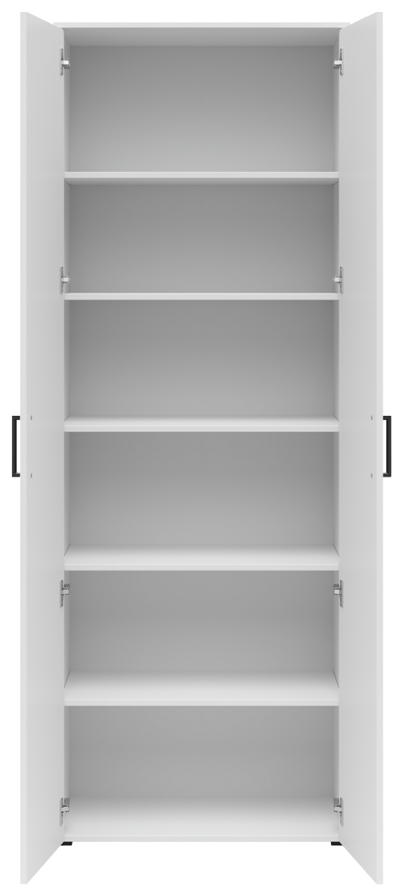 Weißer Mehrzweckschrank mit offenen Türen und fünf Regalböden, frontale Ansicht