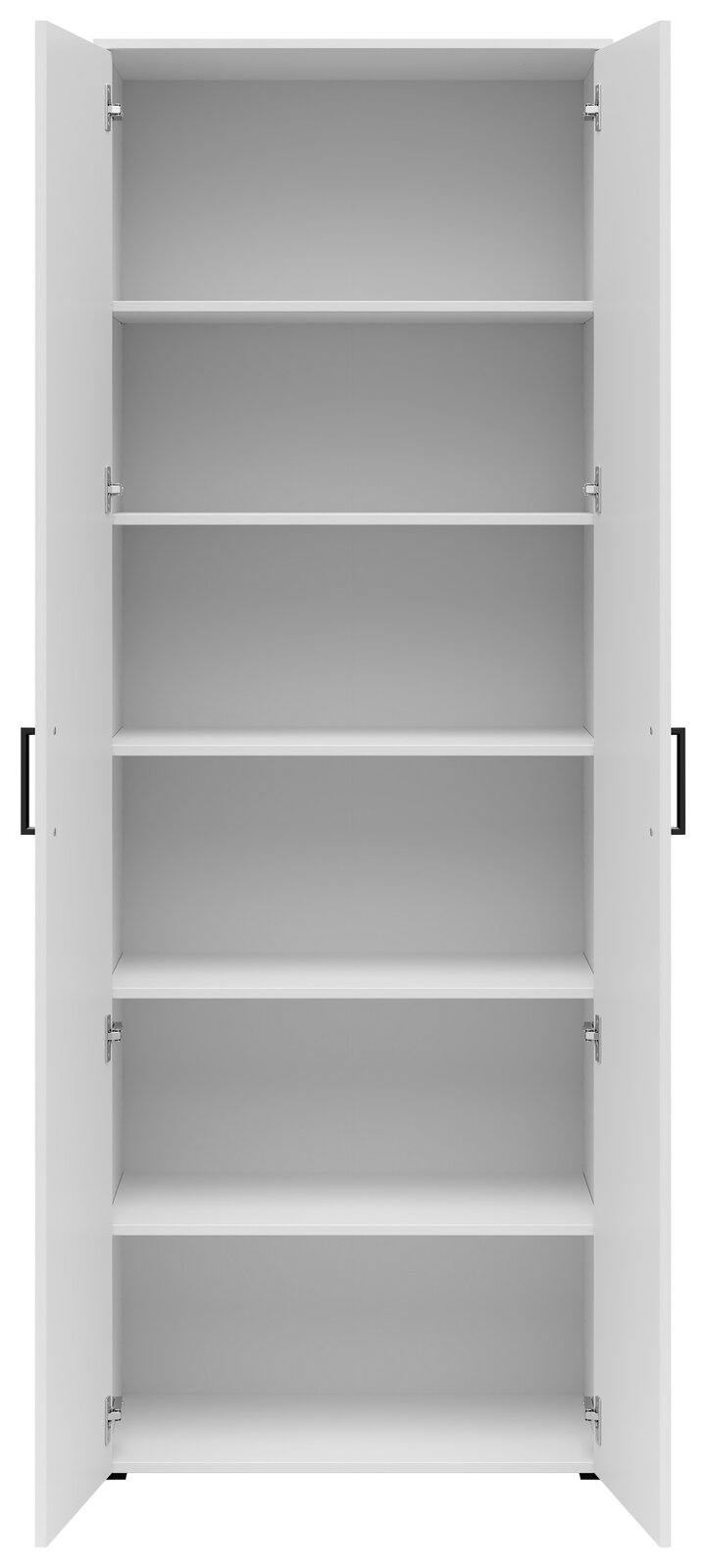 Weißer Mehrzweckschrank mit offenen Türen und fünf Regalböden, frontale Ansicht