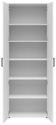 Weißer Mehrzweckschrank mit offenen Türen und fünf Regalböden, frontale Ansicht