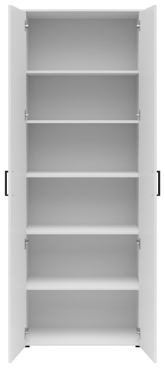 Weißer Mehrzweckschrank mit offenen Türen und fünf Regalböden, frontale Ansicht